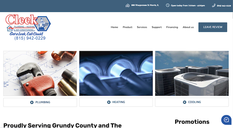 Pagina web de Cleek Plumbing Heating and Air Conditioning Inc.